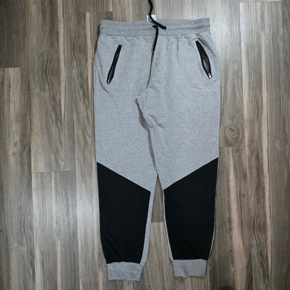 Empyre Mens Gray Black Colorblock Jogger Sweatpants Large Zip Pockets